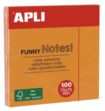 APLI Funny Notes, 100 sheets, 75x75mm, neon orange sticky notes