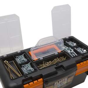 Handy Tools 16" plastic tool box with removable tray and organizer, black and orange - Handy