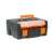 Black and orange plastic tool box with removable tray, closed