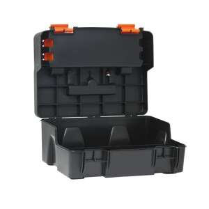 Black and orange plastic tool box with removable tray, open - Toolbox and Bag