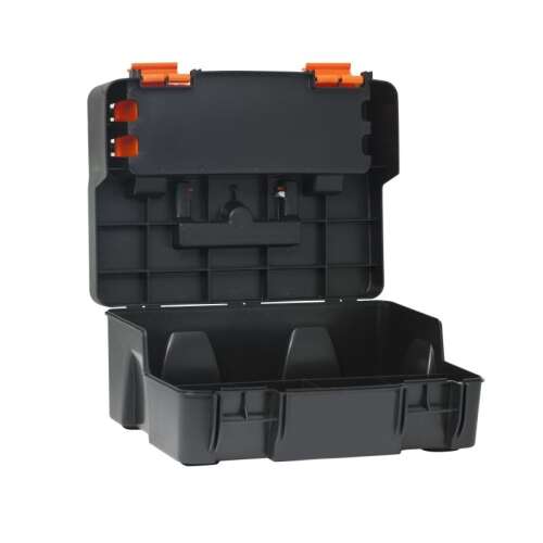 Black and orange plastic tool box with removable tray, open