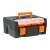 Black and orange plastic tool box with removable tray, closed