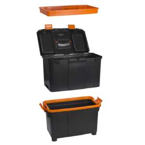 Black and orange multi-compartment toolbox with a pull-out handle, disassembled to show the different parts - Toolbox and Bag