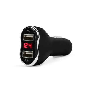 Black car charger with dual USB ports and voltage meter, angled view - Car Cigarette Lighter Adapter and Splitter