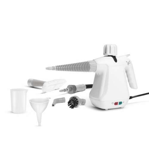 Bewello Handheld Steam Cleaner, white, with accessories, including a funnel, measuring cup, and cleaning attachments