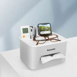 Bewello white tissue box with compartments for phone, remote, glasses and pens - Bewello