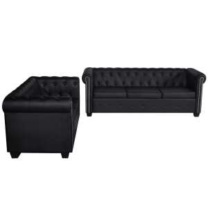 Set canapele Chesterfield negre, 2 locuri și 3 locuri, cu tapițerie cu nasturi și garnituri cu capse - Canapele