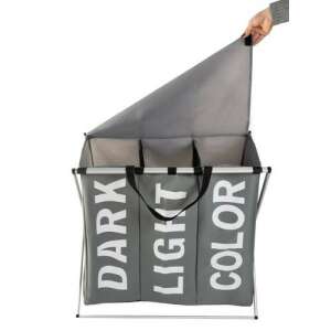 Grey 3-compartment laundry hamper with metal frame, labeled 'Dark', 'Light', and 'Color', open top - Laundry Basket