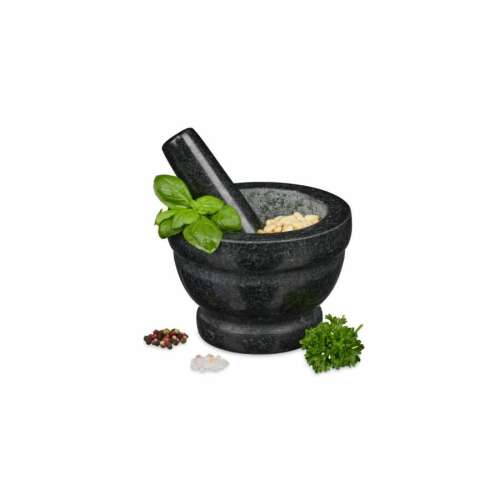 Gránit mozsár és mozsártörő, 14 cm átmérőjű, gyógynövények, fűszerek, diófélék és magvak őrléséhez