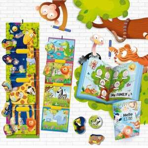Montessori Baby Raffy Grow & Play zestaw z miernikiem ściennym z żyrafą, książką rodzinną, grą w dopasowywanie kształtów i naklejkami ze zwierzętami - Lisciani