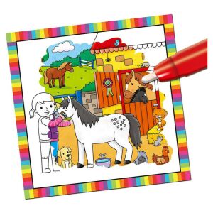 Galt Water Magic Farm Animals coloring book in use, revealing colorful farm scene with horse, girl, and other animals - Activity Book, Coloring