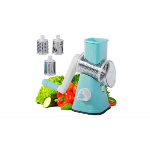 Manual vegetable slicer and grater with 3 interchangeable blades, blue and white