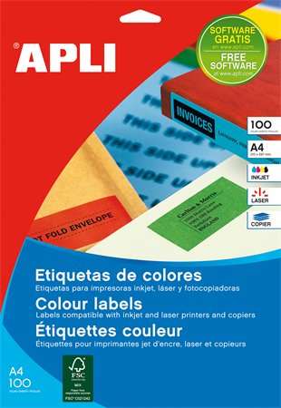 APLI Colour Labels, 100 sheets, A4, red, for inkjet, laser and copier printers