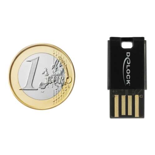 Delock 91603 Micro SD card reader, USB 2.0, black, small size, next to a 1 Euro coin for size comparison