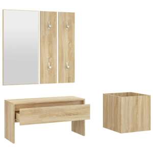 Set de mobilier pentru hol din lemn de stejar Sonoma cu bancă, oglindă, suport pentru haine și cutie de depozitare - Seturi mobilier de hol