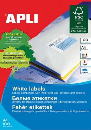 Etichete APLI Eco-Labels, albe, foaie A4, 100 etichete, compatibile cu imprimante cu jet de cerneală și imprimante laser
