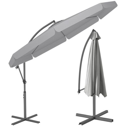 Funfit premium grey cantilever patio umbrella with steel frame, open and closed view