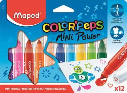 MAPED Filctoll készlet, 6,5 mm, kimosható, MAPED "Color`Peps Mini Power", 12 különböző szín