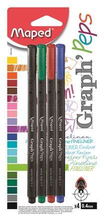 MAPED Graph`Peps cienkopisy, 4 sztuki, 0,4 mm, czarny, czerwony, zielony, niebieski