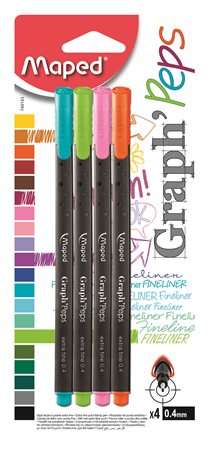 MAPED Graph`Peps Fineliner Stifte, 0,4 mm, 4 Farben, Blau, Grün, Rosa, Orange