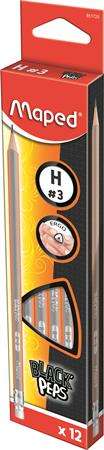 Maped Black`Peps H Graphite Pencils with Eraser, 12 pack
