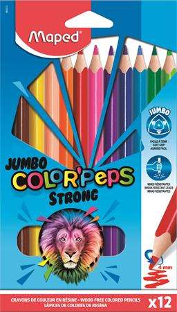 Maped Jumbo Color'Peps Strong 12er-Pack Farbstifte, dreieckige Form, 4 mm dicke Mine, leuchtende Farben, leicht zu spitzer, ideal für Kinder