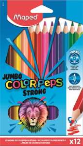 Set de 12 creioane colorate Maped Jumbo Color'Peps Strong, formă triunghiulară, mine de 4 mm grosime, culori vibrante, ușor de ascuțit, ideal pentru copii - Creioane colorate