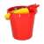 Diplo W-127 sandbox toys, red bucket with yellow handle, filled with sand toys