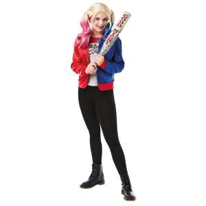 Harley Quinn adult costume, red and blue jacket with white shirt, black pants, black boots, and a baseball bat, officially licensed - Costumes for adult