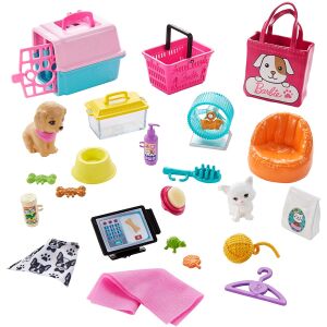 Barbie Pet Boutique Playset Accessories: pet carrier, basket, grooming tools, food, and toys - Mattel
