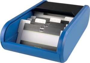 HELIT Linear blue business card holder with 300 capacity, 8 dividers, and a rolling lid - Helit