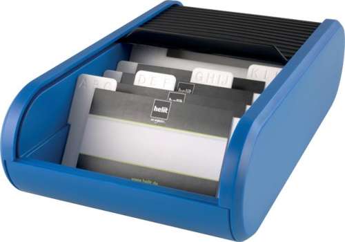 HELIT Linear blue business card holder with 300 capacity, 8 dividers, and a rolling lid
