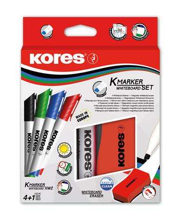 KORES Tábla- és flipchart marker készlet mágneses táblatörlő szivaccsal, 3-5 mm, vágott, KORES, 4 különböző szín