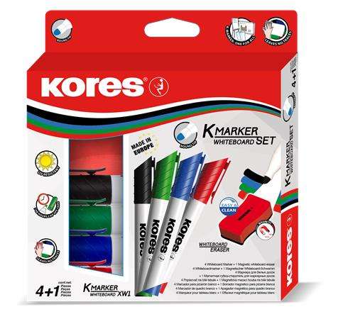 KORES Set de markere pentru tablă și flipchart cu radieră magnetică, 1-3 mm, conice KORES, 4 culori diferite