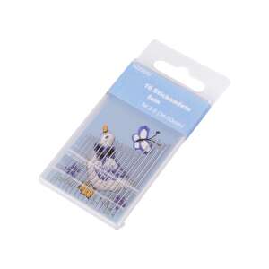 16 darabos finom hímzőtű készlet, 3-9-es méret (34-50 mm), átlátszó műanyag csomagolásban, kék-fehér mintával - Kézi varrótű