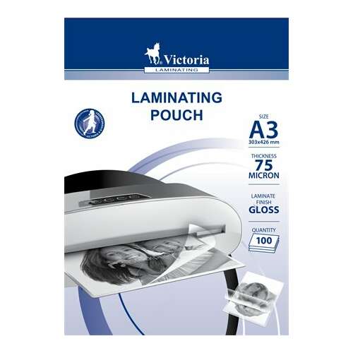 Victoria lamináló tasakok, A3 méret, 75 mikron, fényes kivitel, 100 darabos csomag