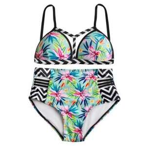 Women's high waisted bikini swimsuit with tropical floral print, size S - Iso Trade