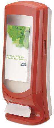 TORK Signature Line red napkin dispenser, Xpressnap, N4 system, holds one napkin at a time, reduces napkin waste, for restaurants, cafes, and buffets