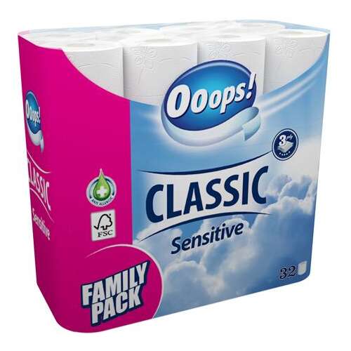 Ooops! Classic Sensitive Toalettpapír, 3 rétegű, 32 tekercs, családi csomag