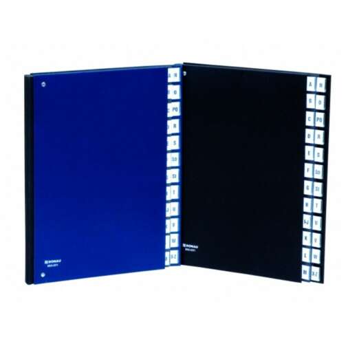 Donau A-Z indexelő előrendező, sötétkék, A4 méret, nyitva, az ábécé betűi láthatóak