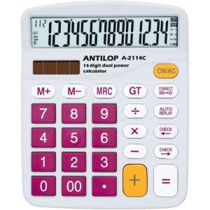 Antilop A-2114C 14 számjegyű kettős tápellátású számológép, fehér rózsaszín gombokkal - Számológép