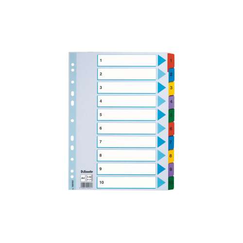 Esselte 1-10 Mylar A4 Delenie, 10 záložiek, očíslované od 1 do 10, farebné, na organizovanie dokumentov