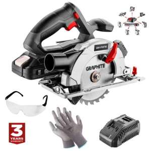 Graphite Energy Circular Saw with 2 Ah Battery, 18V Li-ion Charger, Goggles, Gloves, 150x10 mm