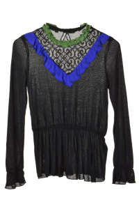 Fekete Desigual csipkés nyakú női blúz zöld és kék részletekkel - Desigual
