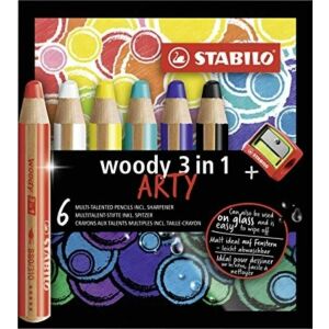 Creioane colorate Stabilo Woody Arty 3in1, set 6 culori cu ascuțitoare, desen pe suprafețe multiple - STABILO Creioane colorate