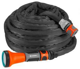 Zestaw węży tekstylnych Gardena Liano 1/2" 15 m, czarny wąż z pomarańczową dyszą, wąż ogrodowy, wąż wodny, wąż do podlewania