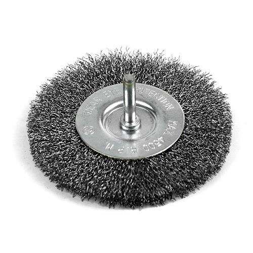 75mm diameter wire brush with crimped wire, for cleaning metal surfaces, fits drill
