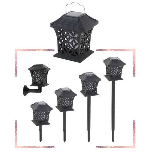 Solar powered flame light, black lantern with decorative cutouts, 12 LED lights, for outdoor use, multiple mounting options