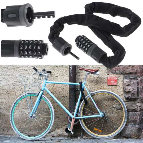 Black combination bike lock with chain, 90cm long, 5 digit combination, KIK brand