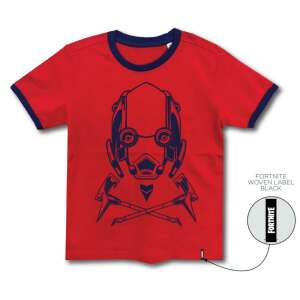 Fortnite red t-shirt for boys with blue trim and a blue print of a character's head and crossed pickaxes - Kids' T-Shirt